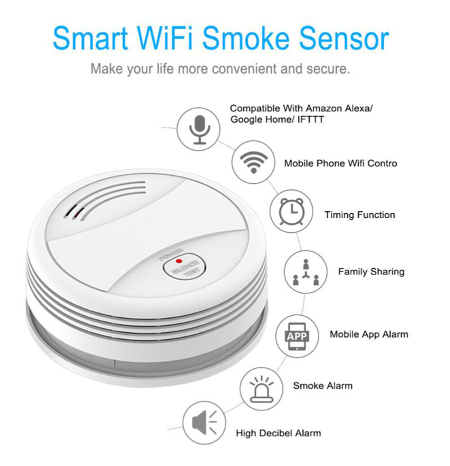 Smart WiFi Smoke Alarm Tuya Smart Life Fire Protection Smoke Alarm System Home Security Smoke Detector